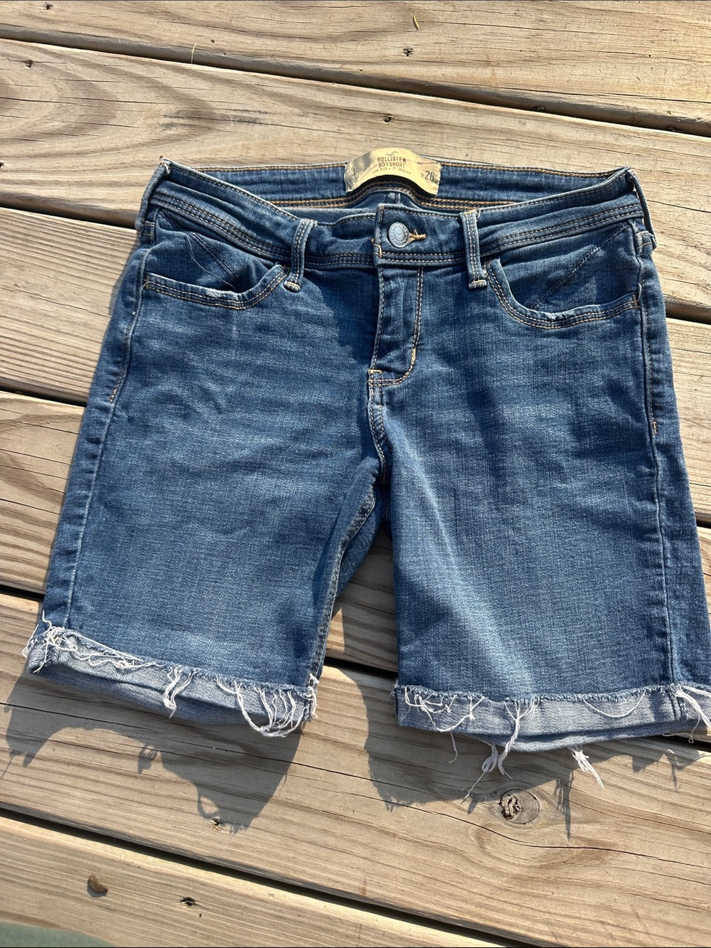 Denim Frayed Hem Boyfriend Shorts - Blue